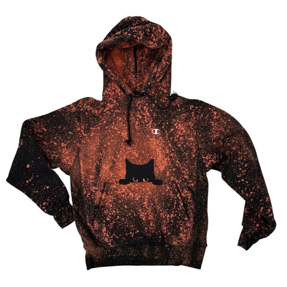 Champion Custom Hand Bleached Hoodie Peeking Cat Graphic Medium Streetwear